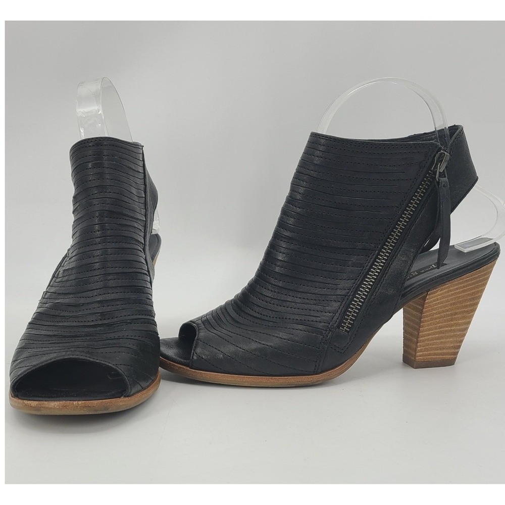 Paul Green Black Leather Peep Toe Block Heel Slingback Booties Side Zip 8.5